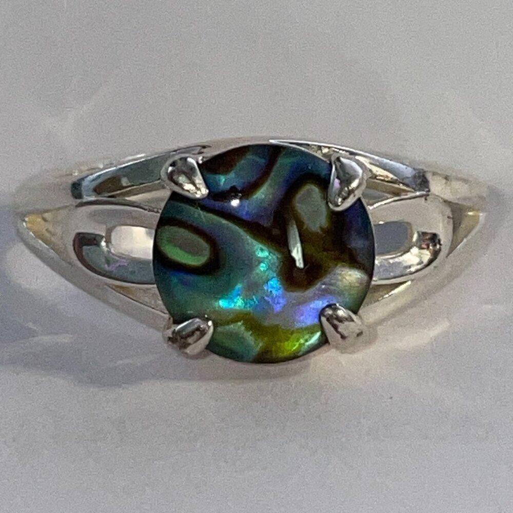 Vintage Abalone Shell Ring Round Cabochon Silver Tone Size 8.75